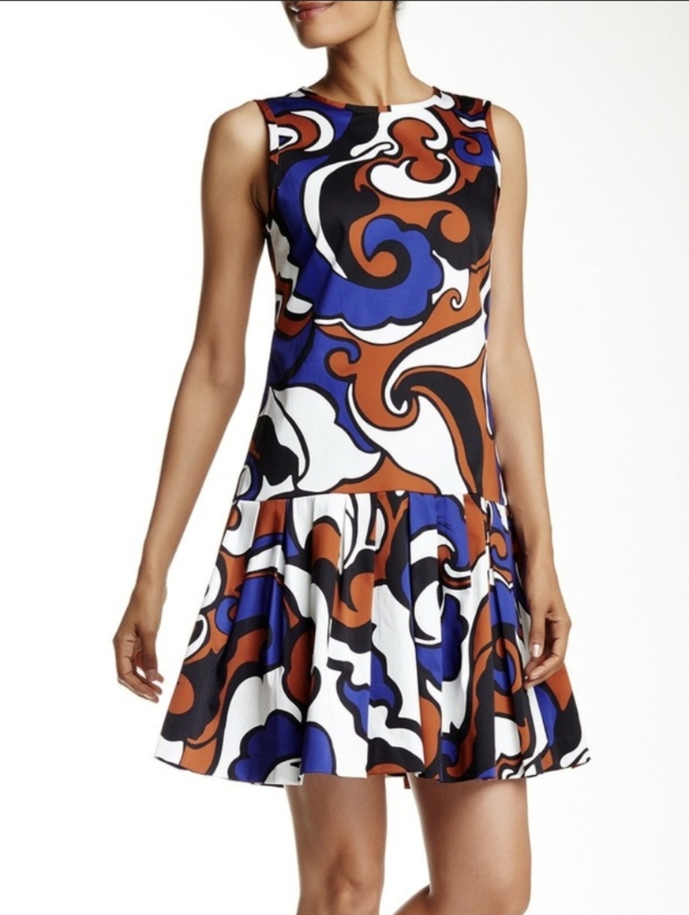 Pink Tartan Psychedelic Swirl Print Pleated Drop Waist Mini Dress Blue Orange‎ 4